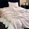 Conjunto de Colcha de Verão de Alta Qualidade com 60 Fios Tencel Lenzing, Conjunto de Quatro Peças, Colcha de Verão Refrescante Estilo Francês, Colcha Fina Plissada com Renda de Toque Gelado para Ar Condicionado