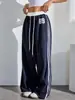 Atacado de calças casuais femininas estampadas da moda estilo americano, de cintura alta, para primavera e outono, com color blocking esportivo e design de perna reta