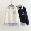 Sudadera de Estilo Universitario Dulce Japonés con Bolsillo, Cuadros y Bordado de Gato para Estudiantes Femeninas, Top Casual Falso de Dos Piezas