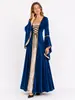 Vestido Vintage de Veludo Dourado com Cadarço e Mangas Longas para Festa de Halloween, Corte Medieval Europeu e Americano, Fantasia para Performance de Palco