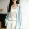 Nuevo Estilo Verano 2025 Cárdigan Chal de Punto de Lino de Bambú de 14 Pines para Mujer Color Sólido Holgado Exterior Camisa Top Protector Solar