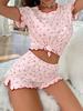 Novo Conjunto Curto com Babados Estampa de Cereja Aliexpress Amazon Pijama para Casa em Estoque