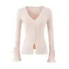 Cardigan de Punto con Cuello en V, Botones, Encaje Calado, Mangas de Campana, Atado, Temperamento Dulce, Otoño, Ajuste Delgado, Color Sólido, Top de Encaje Calado