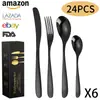 Conjunto de Talheres de Aço Inoxidável 304 Amazon Transfronteiriço - Faca, Garfo e Colher - Conjunto de 24 Peças para 6 Pessoas - Faca e Garfo de Aço Inoxidável para Steak Ocidental de Hotel