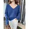 Suéter com decote V para mulheres, blusa de tricô de caimento solto, novo estilo 2026, peça básica para outono e inverno, blusa com decote V baixo