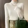 Suéter de punto de cuello medio alto para mujer para otoño e invierno, de manga larga, cuello alto, acanalado, corte ajustado, suéter versátil como capa base