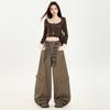 Pantalones Cargo Casuales Relajados de Color Negro Americano para Mujer Otoño e Invierno Cintura Alta Pierna Ancha Suelta Pantalones Gruesos