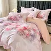 Juego de cuatro piezas de algodón 100% de fibra larga, grosor aumentado, cepillado, con estampado floral grande, de alta gama, que incluye funda de edredón, sábana bajera y ropa de cama