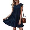 2026 Verano Nuevo Amazon Europeo y Americano Vestido Casual de Color Sólido con Cuello Redondo y Mangas Cortas Vestido Tipo Pastel Plisado con Dobladillo Amplio