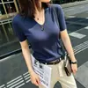 Hongmi Apparel/2026 Suéter de punto de manga corta con cuello en U para mujer, corte ajustado, adelgazante, color liso, fino, adecuado para ir al trabajo, top elegante