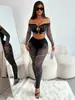 Traje Casual de Punto para Mujer 2025 Europeo y Americano, Color Sólido, Costuras, Hombro Descubierto, Manga Larga, Crop Top, Pantalones Ajustados, Sexy