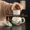 Caneca de cerâmica retro estilo chinês Dunhuang, presente de luxo leve para feriado, separação de chá e água com tampa, copo de escritório