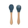 Garfo e Colher de Silicone com Cabo de Madeira para Bebê Utensílios de Mesa Infantis Suplemento Alimentar de Treinamento para Bebês Cabo de Madeira Silicone Macio Colher e Garfo Podem Morder Portátil