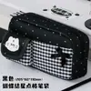Estuche para lápices de gato a cuadros de lunares blancos y negros estilo coreano, estilo femenino, multicapa, resistente a la suciedad, caja portátil para lápices y papelería para estudiantes