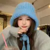 Gorro pasamontañas azul para mujer, sombrero de punto de lana cálido para otoño e invierno que protege los oídos, hace que la cara se vea más pequeña, gorro protector para la cabeza a prueba de frío