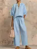2026 Verano Nuevo Moda Casual Cruzada Europea y Americana para Mujer Holgado Color Sólido Cremallera Cuello Redondo Pantalones de Pierna Ancha Conjunto para Mujer