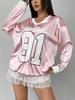 Camiseta de Malha com Estampa Digital Manga Curta/Longa Solta Feminina Estilo Americano Esportiva Casual Pulôver Decote V Top Masculino e Feminino