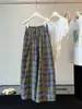 Calça Casual Xadrez Estilo Coreano Balão para Mulheres, Moda Verão Retro Cintura Elástica Cordão Versátil Fina de Perna Larga Cropped