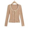 Cárdigan Pequeño Americano Retro con Encaje, Botones, Cuello U, Manga Larga para Mujer, Verano, Ajustado, Adelgazante, Camiseta Top para Mujer