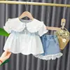 Moda verão para meninas e crianças, manga curta, conjunto de duas peças para bebê, novo 2022, traje de verão para bebê menina, vendas diretas da fábrica