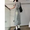 Falda de mezclilla de color claro de cintura alta para mujer, estilo fino de verano, nuevo modelo 2026, longitud media con abertura, falda de línea A para mujeres petite