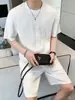Traje Casual de Seda de Hielo para Hombre Verano Tendencia Celebridad de Internet Camiseta de Color Sólido Pantalones Cortos de Manga Corta Conjunto de Dos Piezas Atractivo