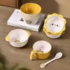 Conjunto de Louça Infantil de Leão Desenho Animado Fofo com Alto Valor Estético, Tigela para Comida de Bebê Doméstica de Melamina, Colher e Prato Dividido