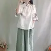 Camisa Vintage de Algodón y Lino Estilo Chino Camisa Estilo Chino Cuello Vertical Botones de Contraste Top de Manga Media Ropa de Té Bordada Ropa de Primavera y Verano para Mujer