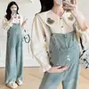 Camisa con Cuello de Oso para Bebé Nuevo de Maternidad Pantalones de Mezclilla con Tirantes Bordados para Mujeres Embarazadas Traje Casual para Mujeres Embarazadas