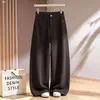 Calças Casuais Retas de Cintura Alta Femininas Largas Plus Size Caimento Emagrecedor Cobre os Quadris Calças Longas Outono Deslocamento Versátil Cor Sólida Simples
