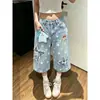 Jeans de Pierna Ancha Bordados Chao Li Youhuo para Mujer, Verano Delgados de Corte Amplio, Lindos para Estudiantes Pequeños, Pantalones Cropped Vintage