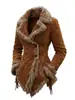 Chaqueta de Suede Retro con Cuello de Felpa para Mujer Estilo Otoño/Invierno Solapa Engrosada Cálida Cuero Piel Integrada Chaqueta de Longitud Media