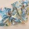 2026 Nuevo Estilo Bufanda Cuadrada para Niños Estilo Coreano Azul Estilo Pintura al Óleo Lazo para el Cabello con un Diseño Floral de Alta Gama para Coletas