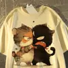 Camiseta de Manga Curta Algodão Puro Estilo Retro Americano Gatos Lutadores para Mulheres e Homens Verão 2026 Novas Blusas Oversize para Casais Tendência