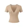 Top de Yoga Fitness com Decote em V Profundo, Linha Dividida, Gola Cruzada, Camiseta Curta de Manga Curta, Modelagem Justa, Cintura Alta