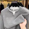 Suéter Tricotado Masculino Falso Duas Peças com Gola Henley para Venda Direta por Transmissão ao Vivo, Suéter Casual de Outono para Homens, Roupas para Pais de Meia-Idade