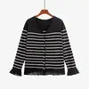 Cárdigan de punto a rayas con volantes para mujer talla grande 2026 otoño versátil top ajustado para mujer talla grande 25030