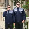 Roupa de trabalho de inverno em mistura de poliéster e algodão com faixas refletoras, jaqueta de algodão de comprimento médio, adequada para oficinas e fábricas, vestuário de proteção durável e resistente ao desgaste