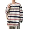 Camiseta holgada de hombre estilo coreano con puños acanalados, top a rayas de manga larga con estampado digital de moda otoño/invierno 2026 para mujer
