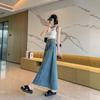 Saia Jeans Estilo Hong Kong para Mulheres, Tamanho Grande, Design de Emenda com Barra Desfiada Lavada, Linha A Cobre a Barriga, Look Emagrecedor Cobre o Bumbum Saia Longa