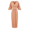 Elegante vestido de mujer estilo francés con cuello en V plisado y manga de tres cuartos, vestido largo de verano ajustado con abertura en la espalda y diseño bodycon que ciñe la cintura