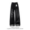 Jeans Negros HelloKitty para Mujer 2026 Otoño Nuevos Pantalones de Pierna Ancha Recta Ajustados Sueltos con Solapa a Cuadros