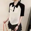 Camiseta de Punto Fina con Bordado de Letras y Lazo Estilo Coreano Nuevo de Verano para Mujer, Top de Manga Raglán con Bloques de Color y Cuello Polo
