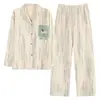 Ropa de Casa Pura de Algodón para Mujer, 100% Algodón, Se Puede Usar Afuera, Atuendo de Pareja, Cárdigan, Solapa, Pijama de Dibujos Animados, Conjunto de Dos Piezas
