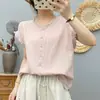 Camisa de gasa de algodón lavada de manga corta para mujer, para verano, estilo artístico y fresco, top sin mangas de algodón suave y amigable con la piel