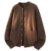 An Yang 2026 Outono Novo Cardigan de Malha Textura Canelada Retrô Americano Gola Redonda Bolsos Casaco Suéter Solto