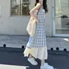 Vestido Sling de Cuadros con Cordones Estilo Vacacional para Mujer Primavera Nuevo Falso Dos Piezas Costuras en Color Contraste Elegante Falda Midi