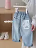 Calça Longa Infantil 2026 Primavera Novo Estilo Meninos e Meninas Versão Coreana Bolso com Grafite Novo Jeans Casual Tendência Reta Caimento Solto