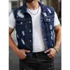 Hme Jaqueta Jeans Masculina Europeia e Americana Transfronteiriça com Lapela Tendência High Street Rasgada Cor Sólida Versátil Jaqueta de Manga Curta