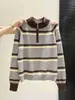 Suéter Pulóver de Bloques de Color Rayado de Media Cremallera Suelto para Mujer, Otoño/Invierno, Cuello Semi Alto, Holgado, Relajado, Top de Punto Versátil